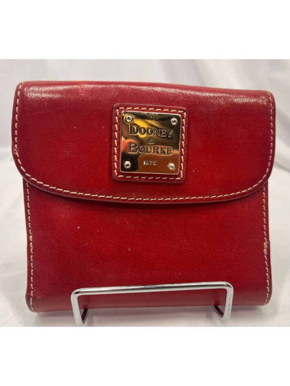 Dooney & Bourke Red Leather Trifold Wallet 1975 Logo Plaque ID Window
